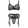 3-Piece Bra + Thong + Garter Set Black Floral Print L/XL