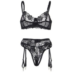 Conjunto De 3 Peças Sutiã + Fio Dental + Cinta Liga Estampado Floral Preto L/Xl