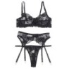 Set van 3 Stuks Beha + String + Jarretel met Bloemenprint Zwart S/M