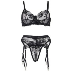 3-teiliges Set BH + Tanga + Strapsgürtel Blumendruck Schwarz S/M