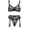 Set van 3 Stuks Beha + String + Jarretel met Bloemenprint Zwart S/M