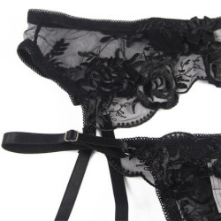 Set van 3 Stuks Beha + String + Jarretel met Bloemenprint Zwart S/M