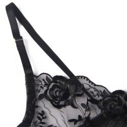 Set van 3 Stuks Beha + String + Jarretel met Bloemenprint Zwart S/M