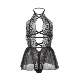 Teddy Collaret Halter Esquena Descoberta Encaix Negre L/Xl