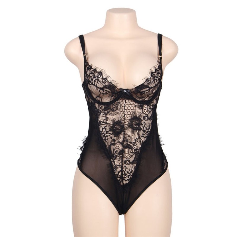 Teddy Koronkowe Kwiatowe Z Frędzlami Czarne Plus Size Teddy Koronkowe Kwiatowe Z Frędzlami Czarne Plus Size