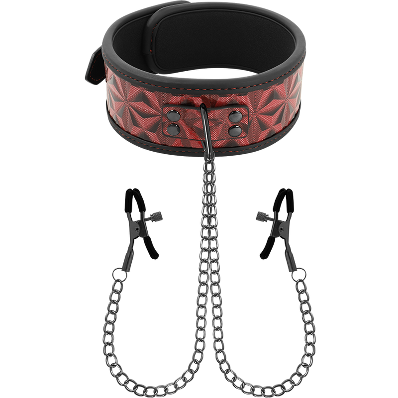 Red Edition Collar with Chains and Nipple Clamps with Neoprene Lining