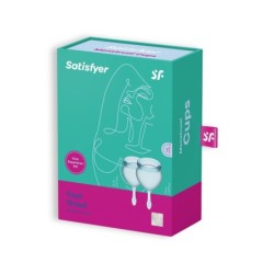 2 „Satisfyer Feel Good“ šviesiai mėlynos spalvos menstruacinių taurelių rinkinys