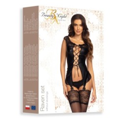 Korsett und String Raven Set Schwarz Beauty Night Fashion 40-42 L/XL