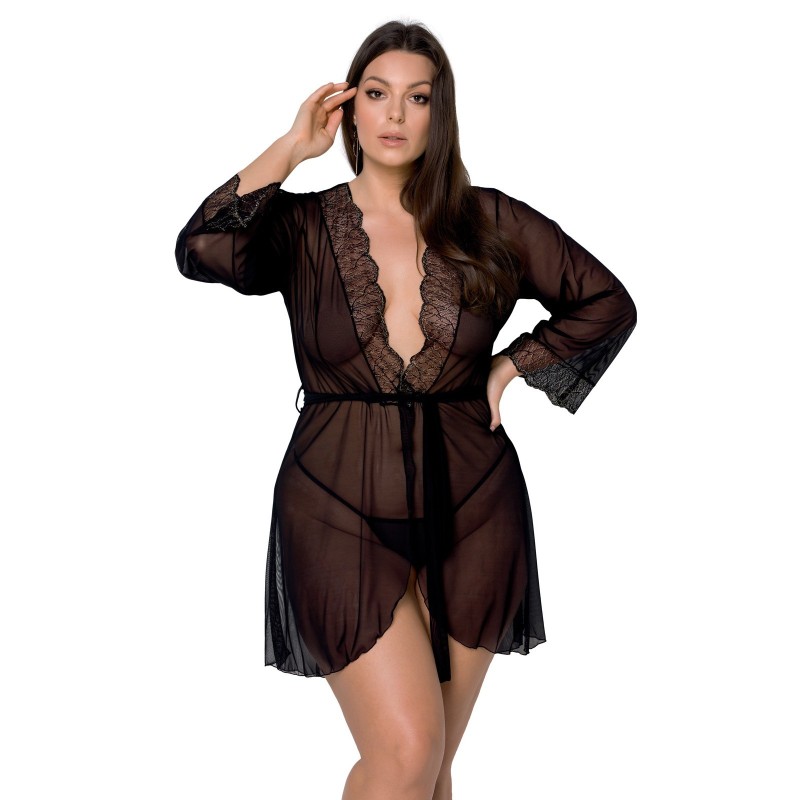 Amberly Zwarte Badjas en String Queen Size Passion 48-50 4XL/5XL